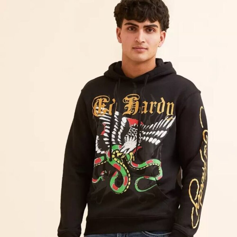 NEW Ed Hardy‎ Hoodie Men's MEDIUM  Black Eagle Snake Tattoo design Pullover  NWT
